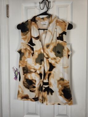 Calvin Klein Sleeveless V-Neck Abstract Floral Blouse Size Medium Earthy Neutral